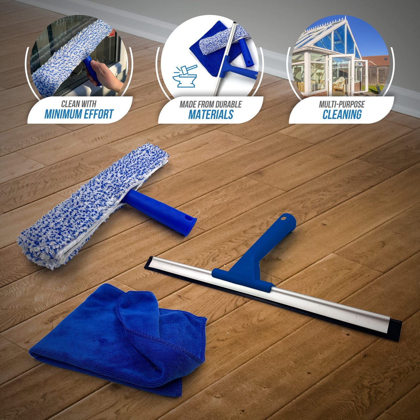 Rubber Squeegee Window Cleaner and Microfibre Glass Wiper, Twin Pack 14” Multipurpose Professional Cleaning Kit for Window, Car, Bathroom & Shower