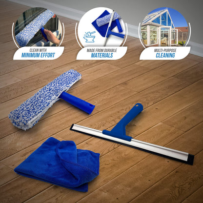 Rubber Squeegee Window Cleaner and Microfibre Glass Wiper, Twin Pack 14” Multipurpose Professional Cleaning Kit for Window, Car, Bathroom & Shower