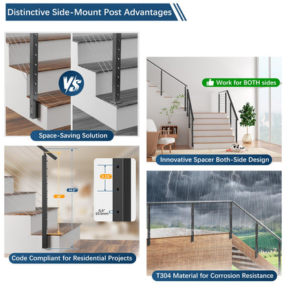 Gyykzz 2 Pack 36" Side Mount Stair Cable Railing Post for 28-38 Degrees Stair, Space-Saving Fascia Mount Stair Deck Handrail Post for Both Left & Right Side Cable Railing System Kit Indoor Outdoor
