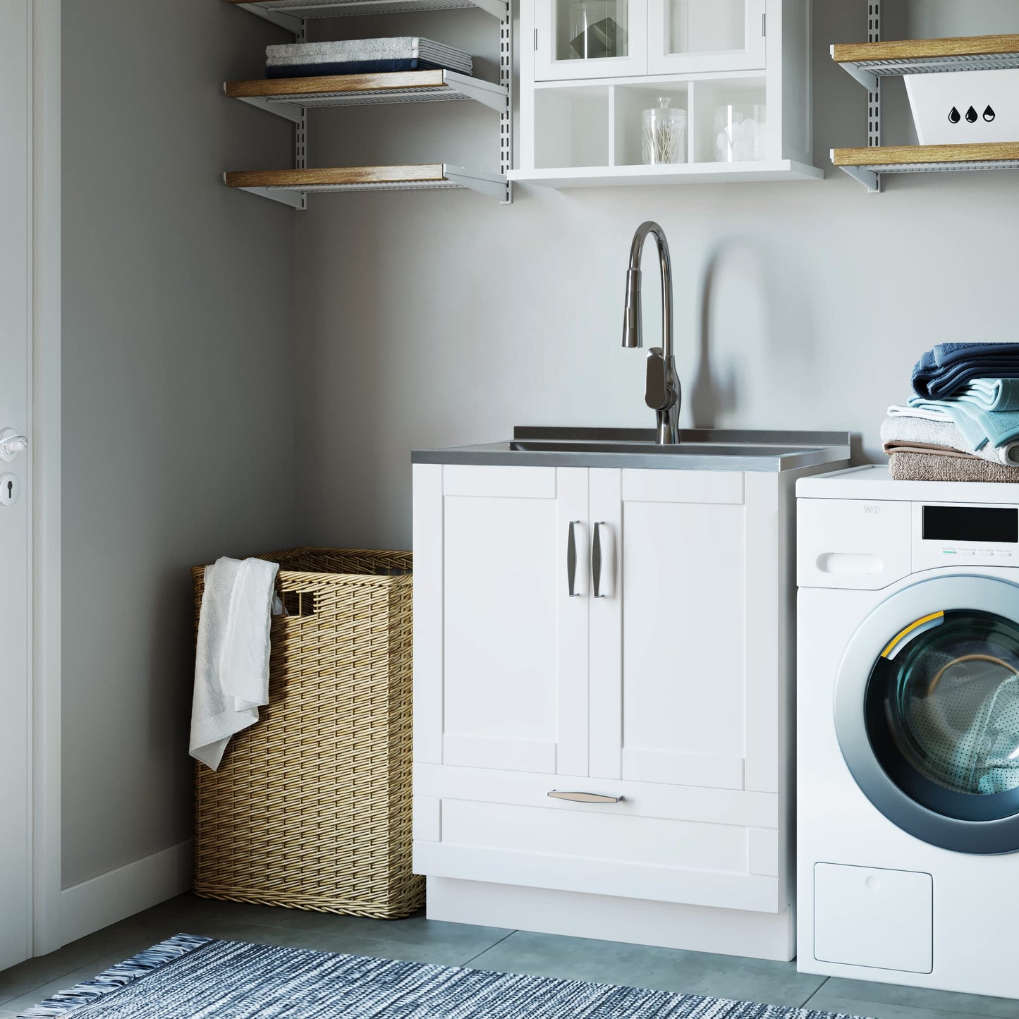 SIMPLIHOME Reed All-in-One 28 inch Wide Utility Sink and Laundry Cabinet in Pure White Finish, Transitional Stainless Steel Sink Cabinet for Laundry Rooms with High-Arch Chrome Faucet and Storage