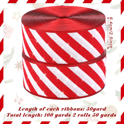 Waydress 2 Rolls Christmas Peppermint Stripe Ribbon Glitter Wired Candy Cane Fabric Wrapping DIY Craft Wide Ribbons for Christmas Tree Bow Wreath(2.5 Inch X 50 Yard)