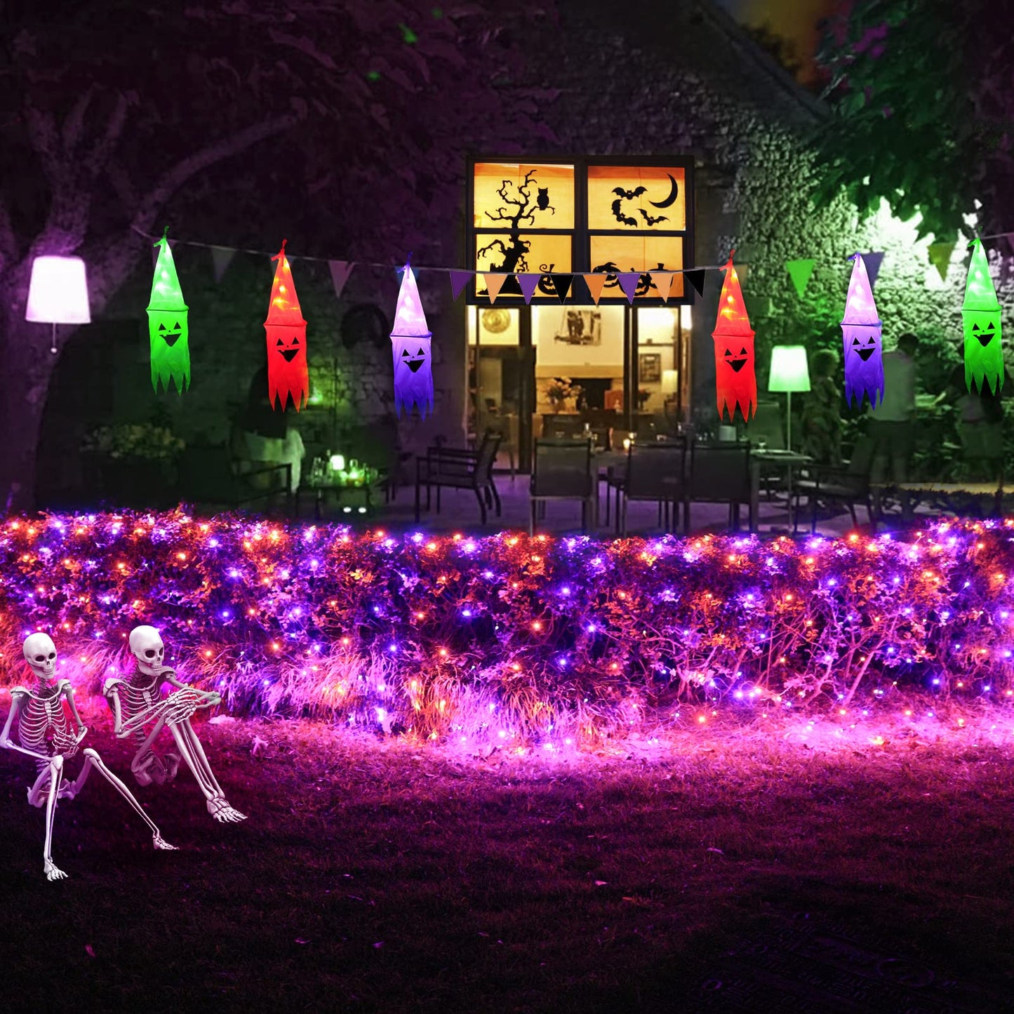 Pooqla 360 LED Halloween Net Lights Outdoor, 21 ft x 5 ft Connectable Mesh String Lights 8 Modes Waterproof Plug in for Halloween Decoration Bushes Yard Garden Party, Orange and Purple