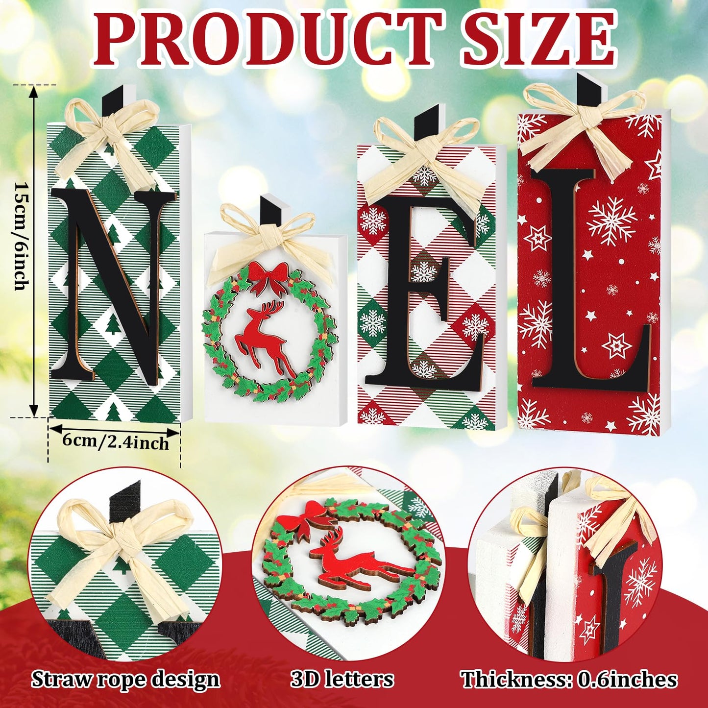 Christmas Wooden Noel Decorations,4Pcs Rustic Christmas Table Sign Decor,Letter Freestanding Xmas Centerpiece Table Tiered Tray Sign for Indoor Party New Year Winter Holiday Home Fireplace