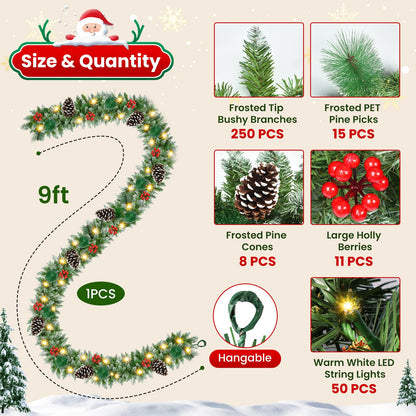 Christmas Garland with Lights 9 FT Artificial Christmas Garland 250 Pieces of Green Rattan Christmas Garland Holiday Artificial Decor for Stairs Wall Door Indoor Outdoor Garland