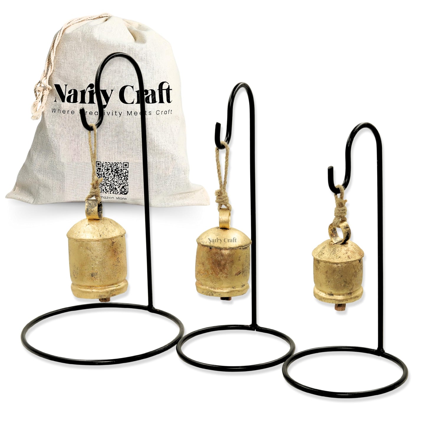 Pack of 3 Golden Bells with Metal Stand in Black Colour in Single Pack, Harmony Cow Bells Christmas Hanging XL Bells On Rope (3, Round)