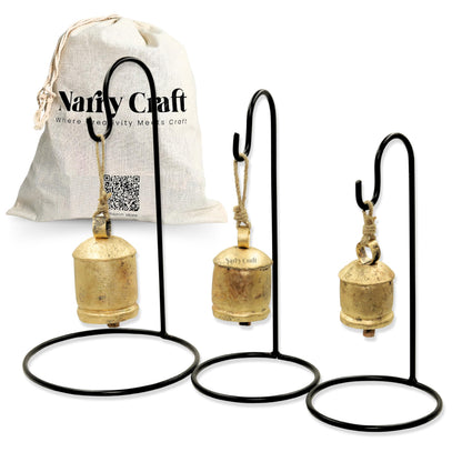 Pack of 3 Golden Bells with Metal Stand in Black Colour in Single Pack, Harmony Cow Bells Christmas Hanging XL Bells On Rope (3, Round)