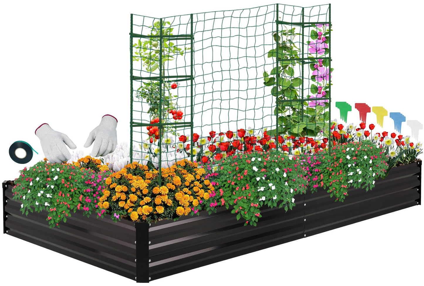ONCEMORE Galvanized Raised Garden Bed for Vegetables Flowers Herbs, Metal Raised Garden Bed Kit with 2 PCS Tomato Cage, Gloves, Trellis Netting, Plant Labels, Plant Ties, Black 6×3×1FT