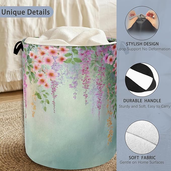 Colorful Flowers Laundry Basket, Foldable