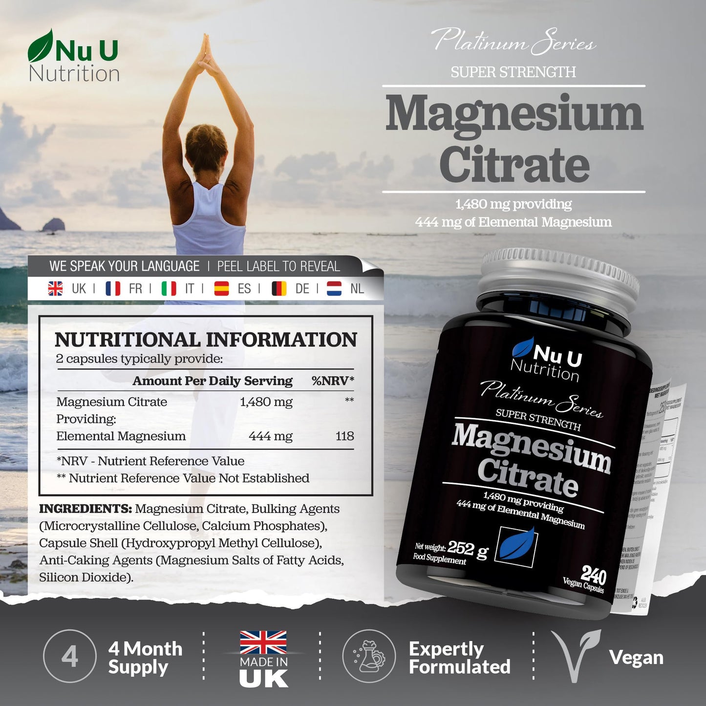 Magnesium Citrate 1480mg - 240 Vegan Capsules - 4 Month Supply - Providing 444mg Elemental Mag - Capsules not Tablets - High Strength Supplement - Made in The UK - Nu U Nutrition