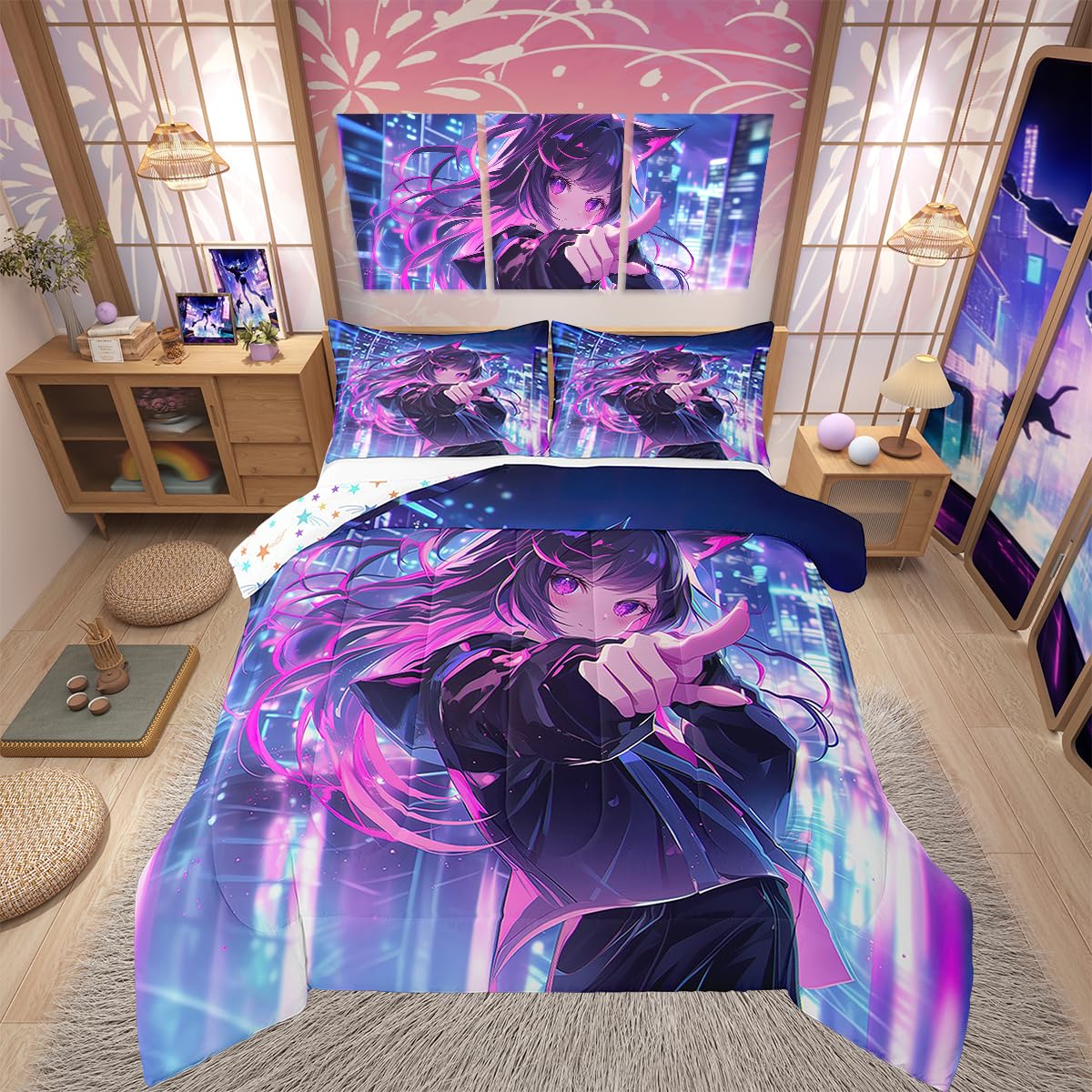 Erosebridal Kids Anime Girl Full Size Comforter Set, Japanese Anime Bedding Set, Cartoon Girl Quilt for Boys Teens Bedroom Decor, Kawaii Japanese Animation Duvet Insert with 2 Pillow Cases