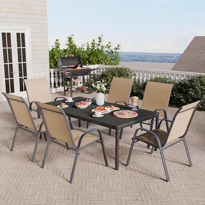 Betterhood Patio Chairs Set of 6, Stackable Outdoor Dining Chairs Set with Breathable Seat Fabric, All-Weather Powder-Coated Metal Frame for Deck, Pool Side and Backyard, 350LBS Capacity (Khaki)