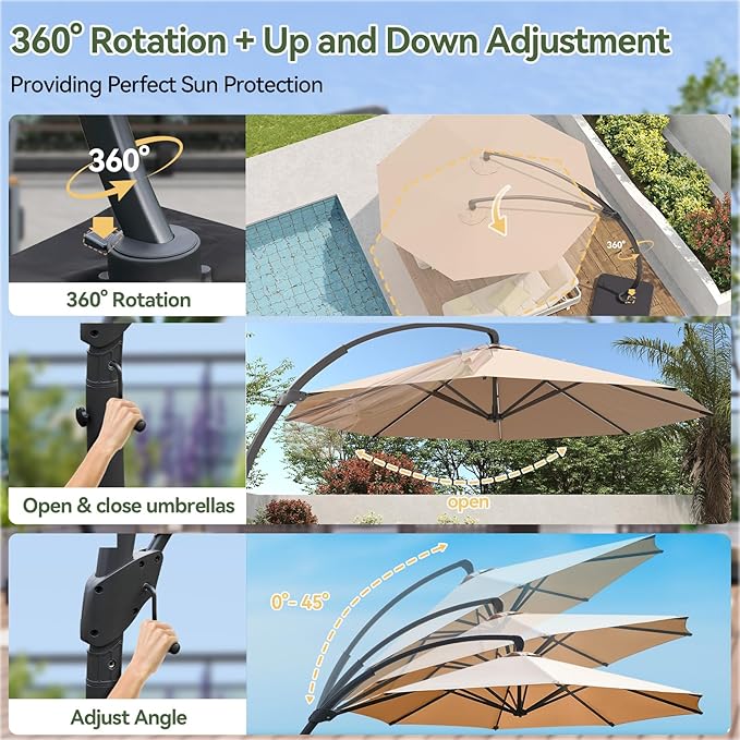 Aoxun 11 FT Cantilever Umbrella with Base Included, Patio Large Aluminum Offset Umbrella Windproof with 360°Rotation, Heavy Duty Frame for Outdoor, Pool, Deck and Garden