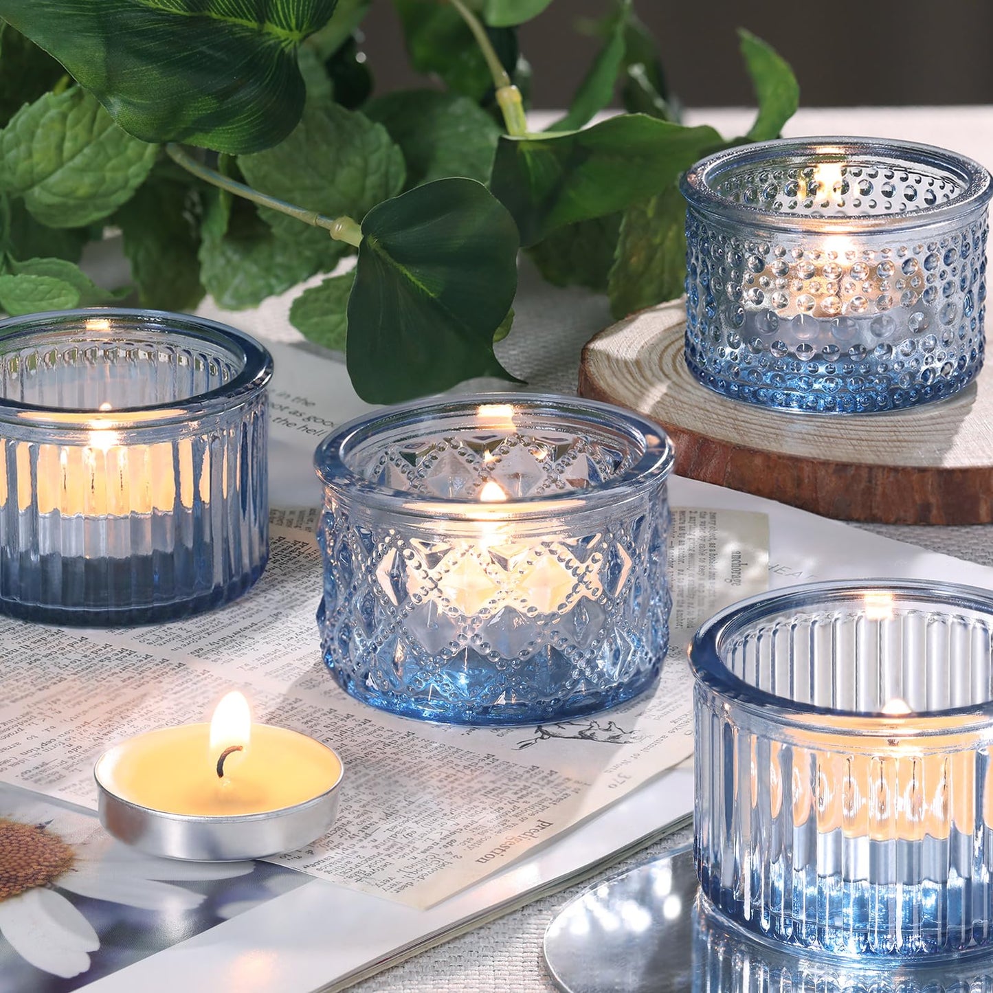 Lanttu 15 Pcs Glass Blue Tealight Candle Holders 2.17"x1.38"