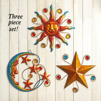 VividLadybug Celestial Wall Decoration Sculpture, Metal Wall Sculpture, Silhouette Wall Decoration, Metal Sun Moon Star Wall Art Sculpture Decoration, Set of 3