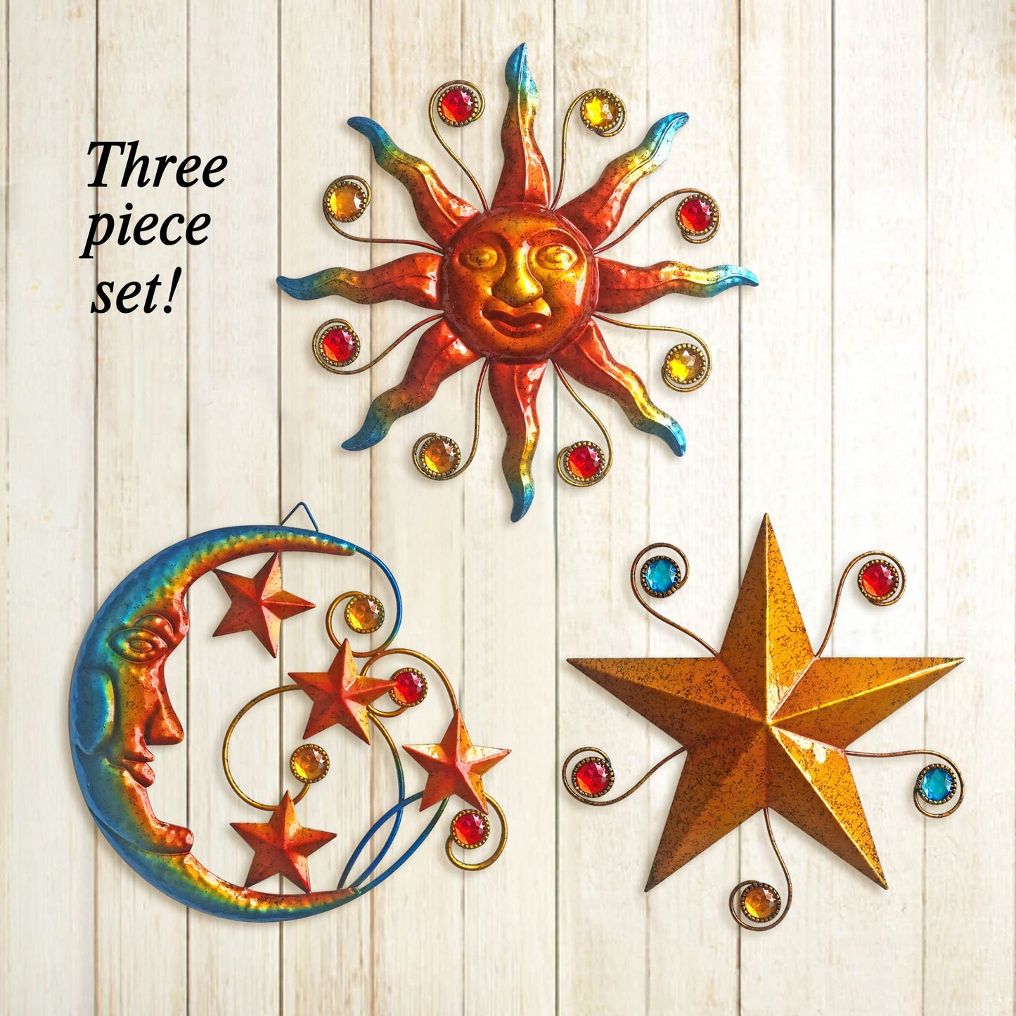 Limygus Set of 3 Celestial Sun Moon Star Metal Silhouette Wall Art, Waterproof Hanging Decor for Home Bedroom Bathroom Office
