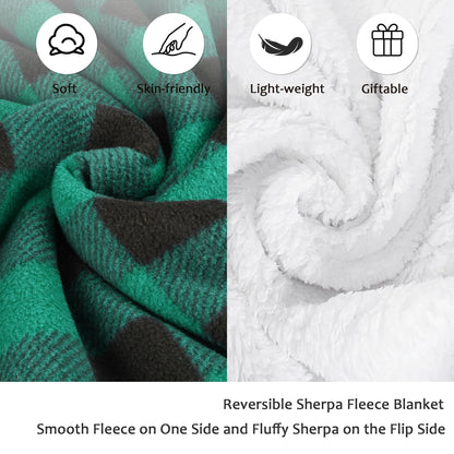 Catalonia Buffalo Plaid Green Sherpa Throw Blanket, Reversible Soft Fuzzy Comfy Snuggly Throws for Couch, 50x60 inches, St. Patrick Gift