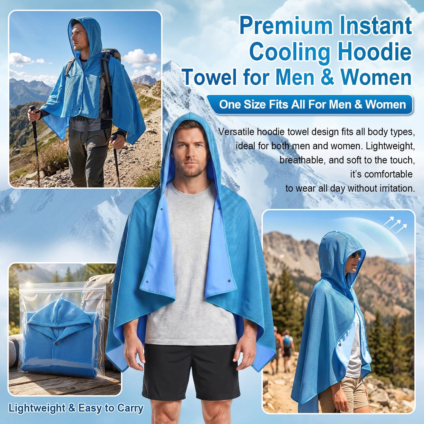 MBVOICO Cooling Hooded Beach Towel Cloak for Men Women - Double Layer PVA Fabric Cool Towel Cape, Instant Cooling Soft Ice Towelfor Beach Yoga Camping (Blue)