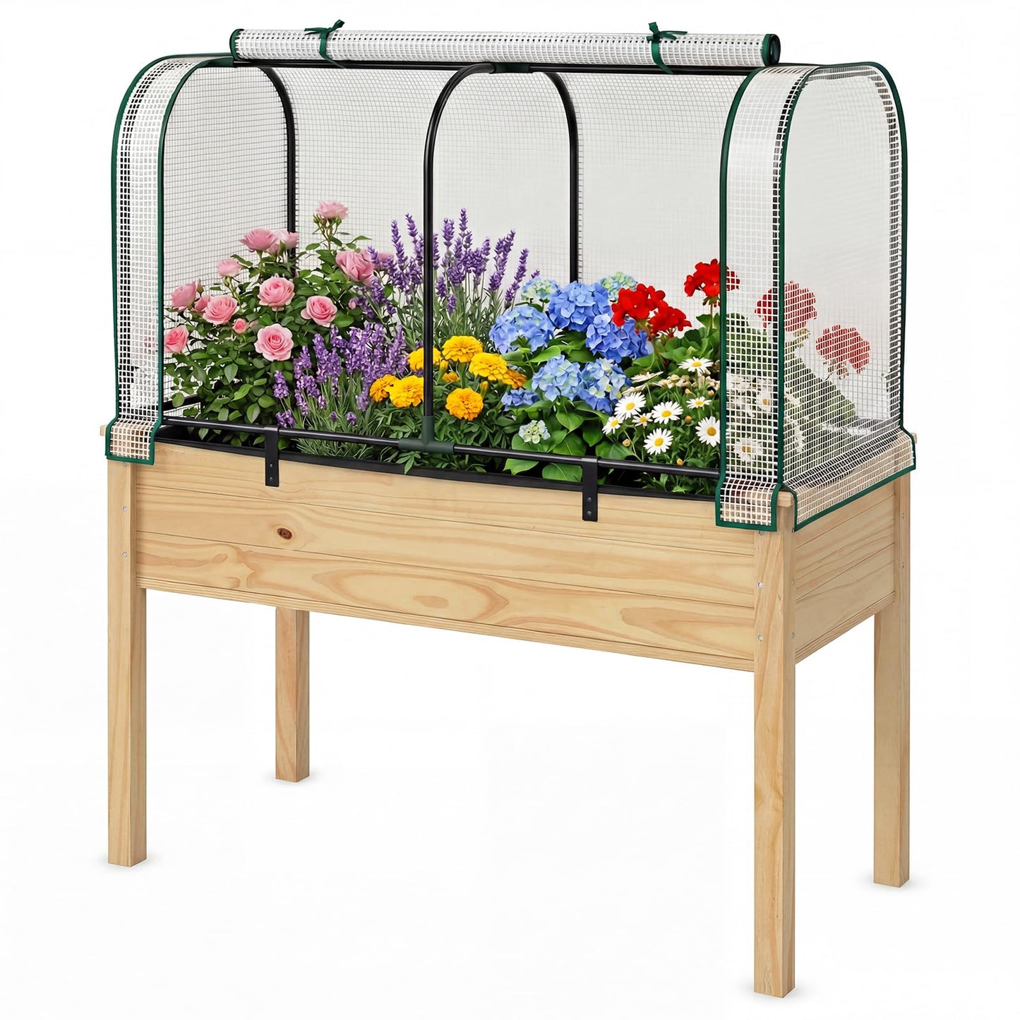 Giantex Raised Garden Bed with Cover, Wood Elevated Planter Box with Legs & Mini Greenhouse, Waterproof Sun-Protective PE Green House Cover, Outdoor Use for Fruit Vegetable Flower Herb (White+Natural)
