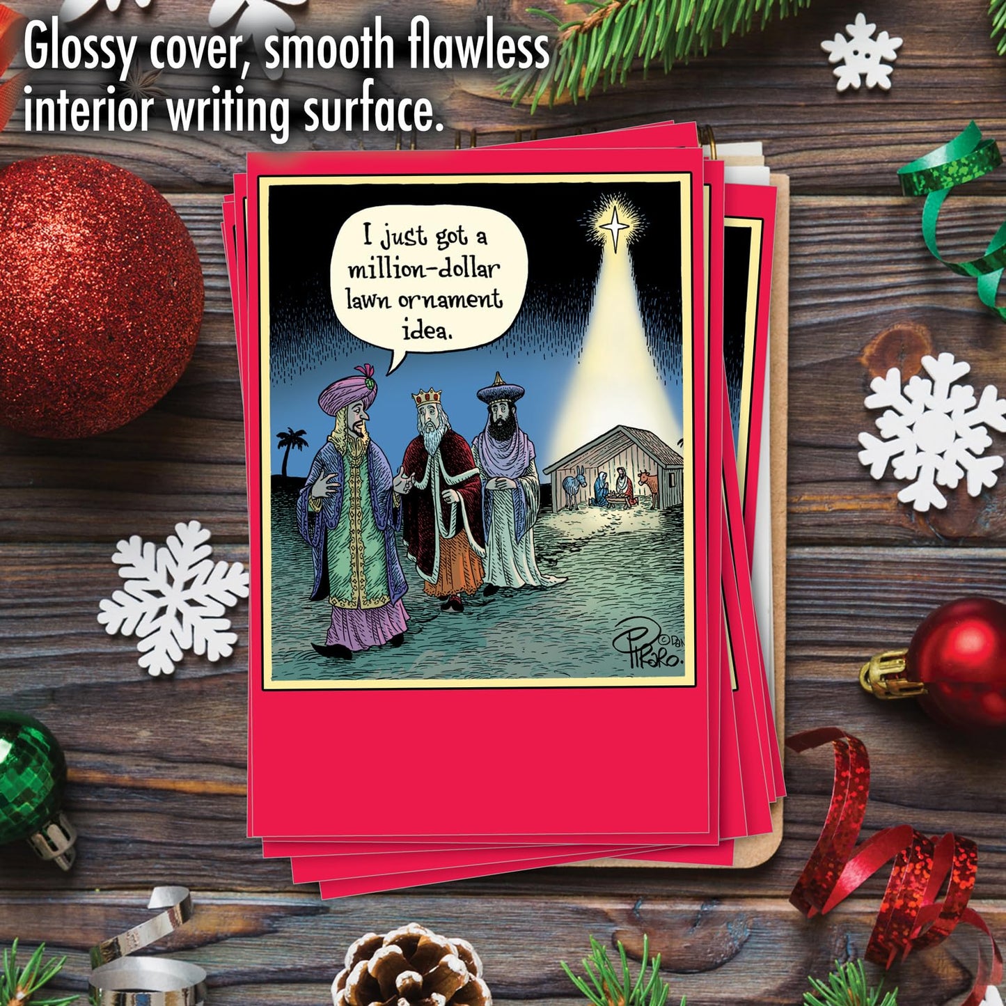 NobleWorks - Box of 12 Cartoon Christmas Cards Funny - Bulk Pack of Holiday for Xmas, Humor Notecard Set 1x12 Designs - Lawn Ornament B1173