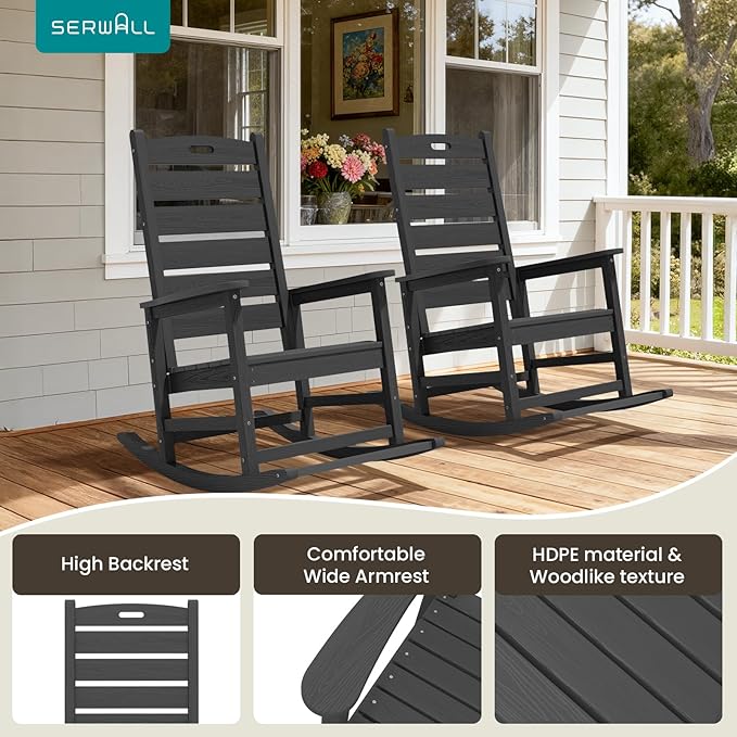 SERWALL Outdoor Rocking Chair Set of 2, Oversized Rocking Chair with Footboard for Adults, HDPE All Weather Resistant Rocking Chairs for Patio, 350lbs Weight Capacity, Gray