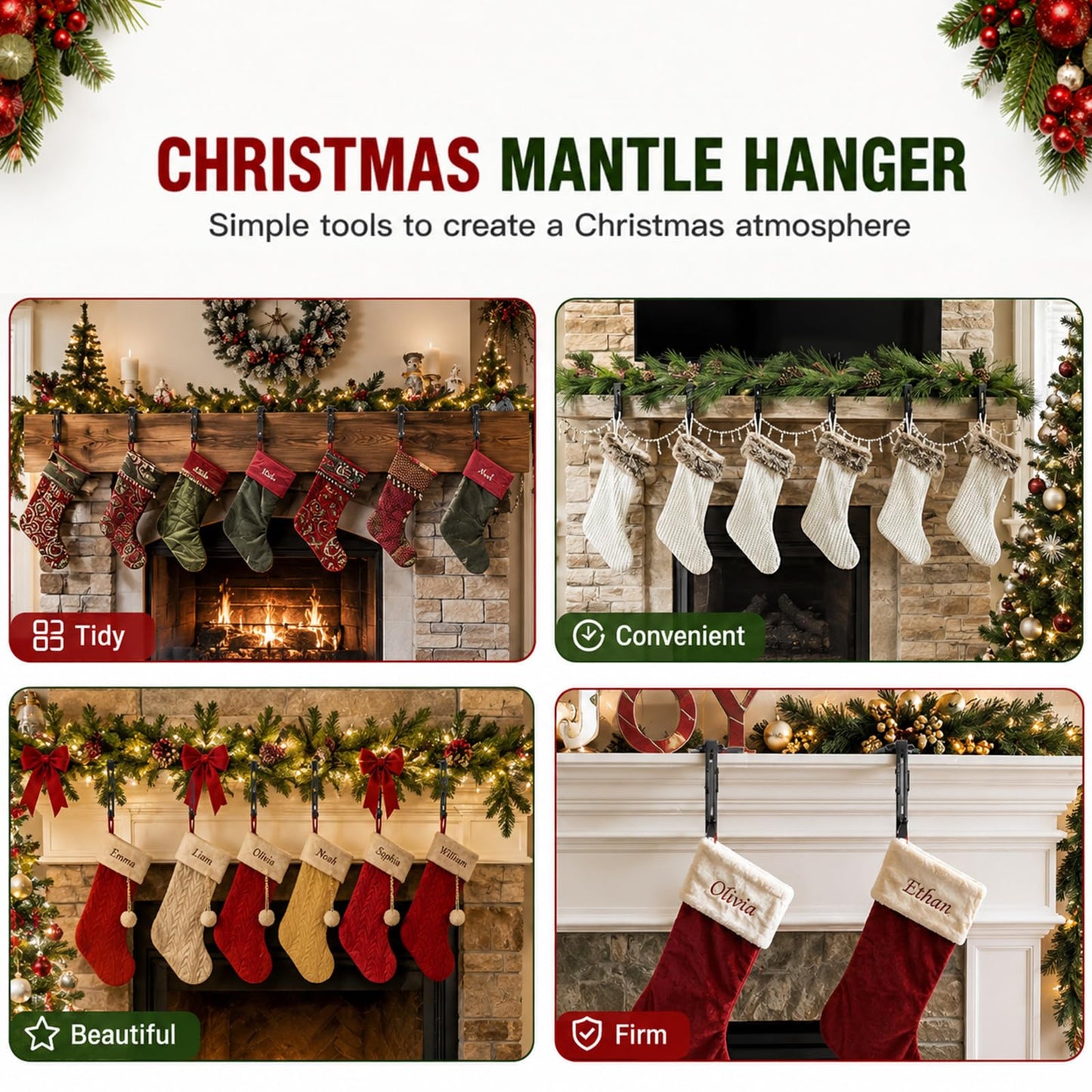 Gayrrnel 4 Pack Stocking Holders for Mantle, 2 in 1 Mantel Hanger for Garland Hooks for Christmas Adjustable No Drill Mantle Garland Hange for Fireplace Xmas Holiday Home Party Decoration