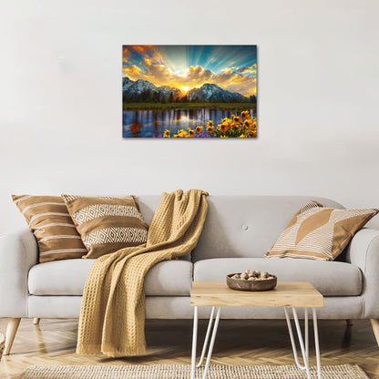 SKASNFAI Grand Teton National Park Wall Art Sunflower Landscape Canvas Mountain Artwork Landscape Print for Living Room Framed (24x36 inch)