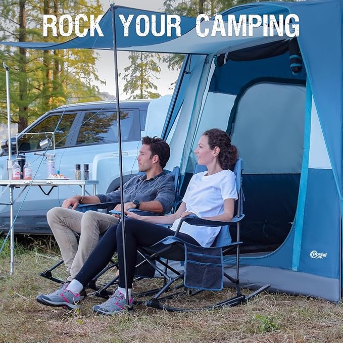 Portal Folding Camping Rocking Chair Portable Outdoor Rocker High Back Cup Holder Side Pocket Carry Bag Included, Support 300 lbs