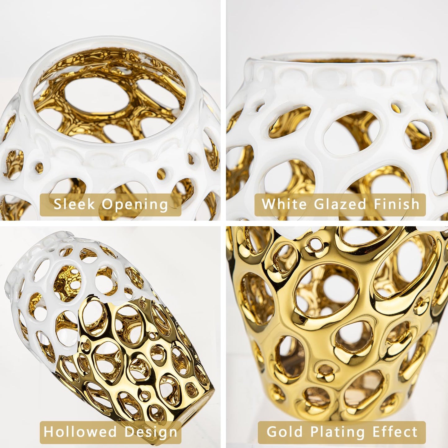 White and Gold Vases for Centerpieces, Openwork Ceramic Flower Vase 8.7" Hollowed Decorative Pampas Grass Vase Gold Table Decor for Home Living Room Dinner Room Bedroom Office Wedding