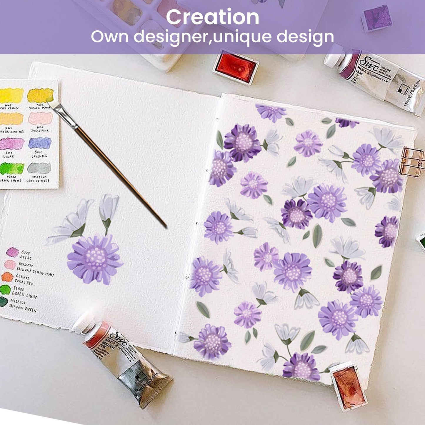 Softan Puple Floral King Sheet Set, 4-Piece Microfiber Printed Fitted Sheet with 15" Deep Pockets & Non-Slip Straps, White Flower Patterned Bedding Sheets & Pillowcase Set
