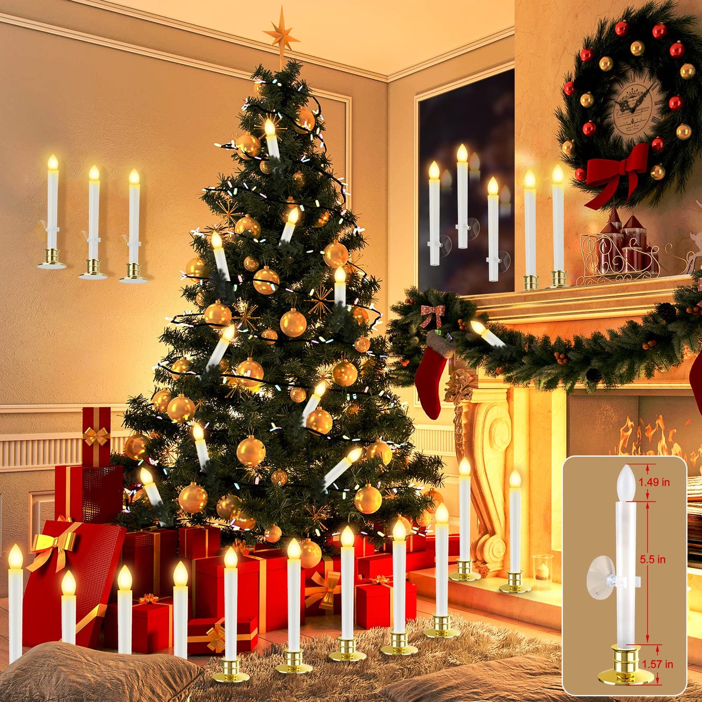 HINZER 8PCS Christmas Window Candles with Timer Remote Battery Operated Candles LED Lights Christmas Decorations Electric Flickering Window Lights for Home Decor
