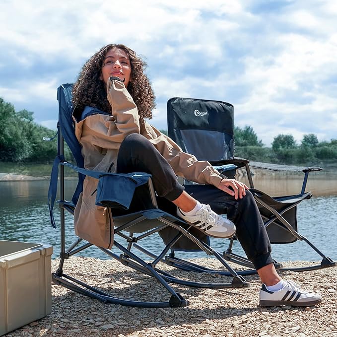 Portal Outdoor Rocking Chair Camping Folding Portable Rocker with Cup Holder Side Pocket Carry Bag, Support 350LBS (Midnight Blue)