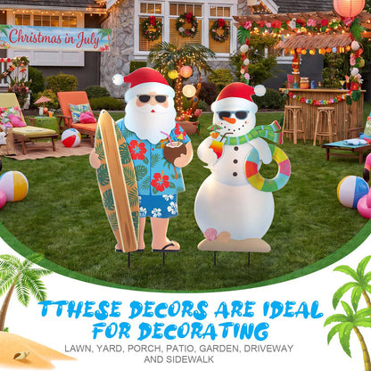 Leinuosen 2 Pcs Metal Christmas in July Yard Signs with Stake July Christmas Yard Decorations Beach Santa and Snowman Stake Signs Tropical Hawaiian Decor for Outdoor Garden Lawn Patio Walkway Pathway