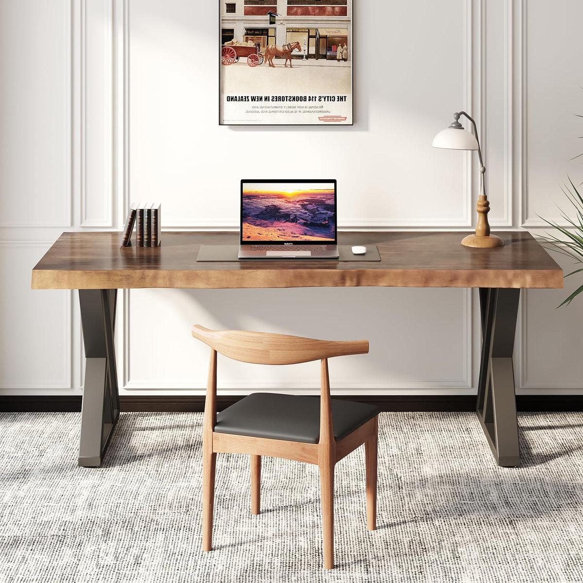 SXXjiaju Solid Wood Desk 55 inches, Home Office Computer Desk Wooden Rustic Writing Desk Metal Modern Simple Design Executive Real Wood Desk(Rustic Brown)