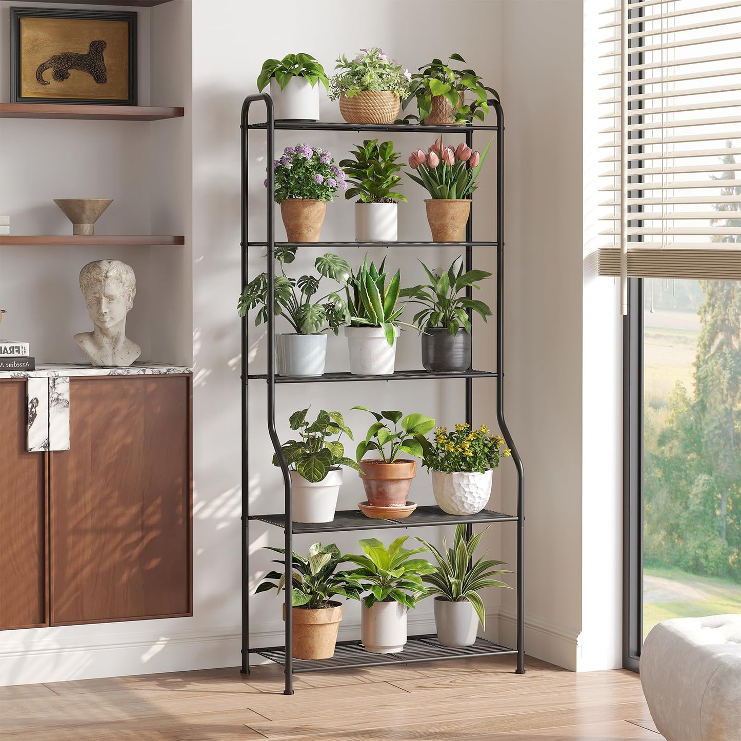 Wieghda 5-Tier Corner Plant Stand, Metal Black Flower Pot Rack, Indoor Outdoor Heavy Duty Shelf (Black, 5 Tier)