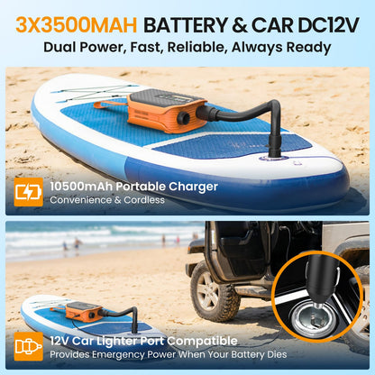 TowerTop Electric Paddle Board Pump: 10500mAh Rechargeable Car/SUP Pump, 50PSI Paddleboard Pump, 12V DC Dual Stage (Inflation & Deflation) with 8 Nozzles for Paddle Boards, Inflatables, Kayaks, Car
