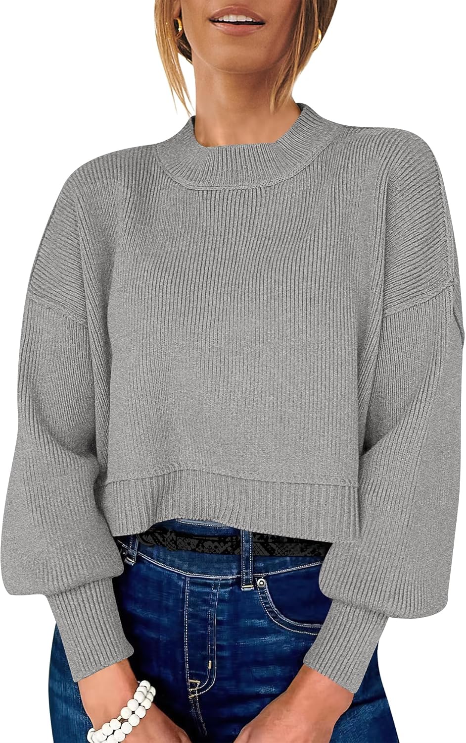 ANRABESS Womens Cropped Sweaters Oversized Crewneck Long Batwing Sleeve Side Slit Ribbed Knit Pullover Tops 2025 Fall Clothes