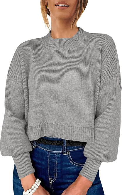 ANRABESS Womens Cropped Sweaters Oversized Crewneck Long Batwing Sleeve Side Slit Ribbed Knit Pullover Tops 2025 Fall Clothes