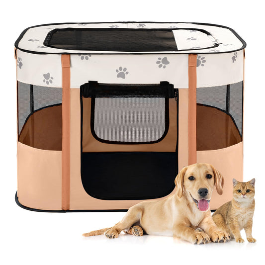 Avont Portable Dog Cat Playpen, Foldable Pop Up Pet Play Pen Travel Crate with Floor and Mesh Door Top for Indoor Outdoor Collapsible Tent Cage -M, Orange