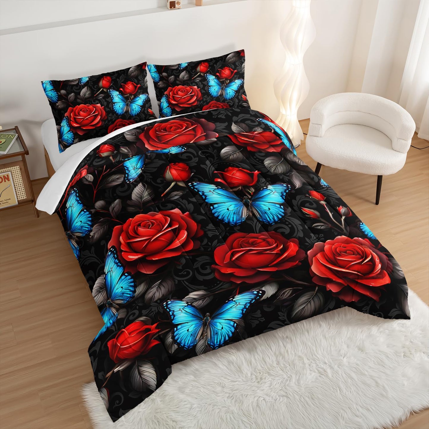 UEVBF Black Red Rose Comforter Sets,Blue Butterfly Comforter Set Queen Bedding Sets for Girls Women Bedroom Decor,Romantic Floral Themed Bedding Soft Lightweight Comforter Sets with 2 Pillowcases.