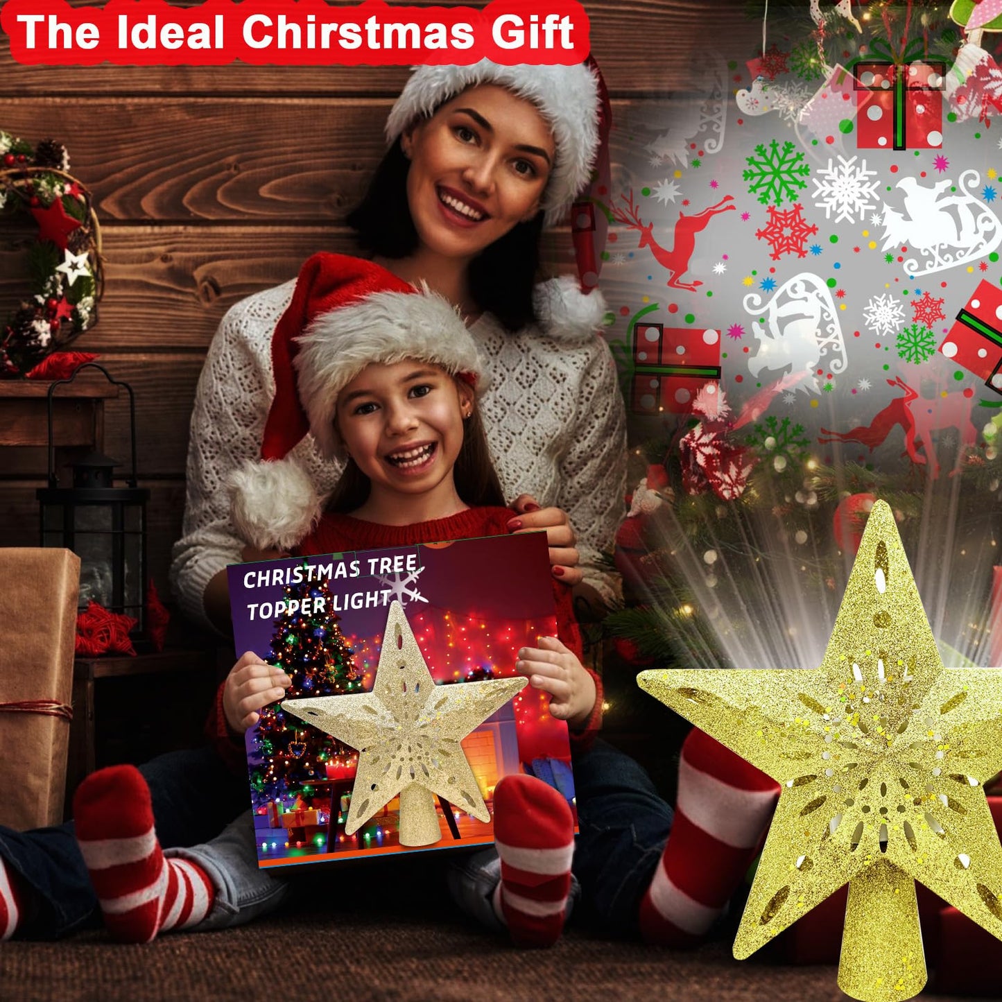 10" Christmas Tree Topper Star Lighted with 6 Projection Modes, Light Up Christmas Tree Topper Built-in LED Rotation Light, 3D Glitter Dynamic Projector Tree Top for Xmas Party Decorations Gift