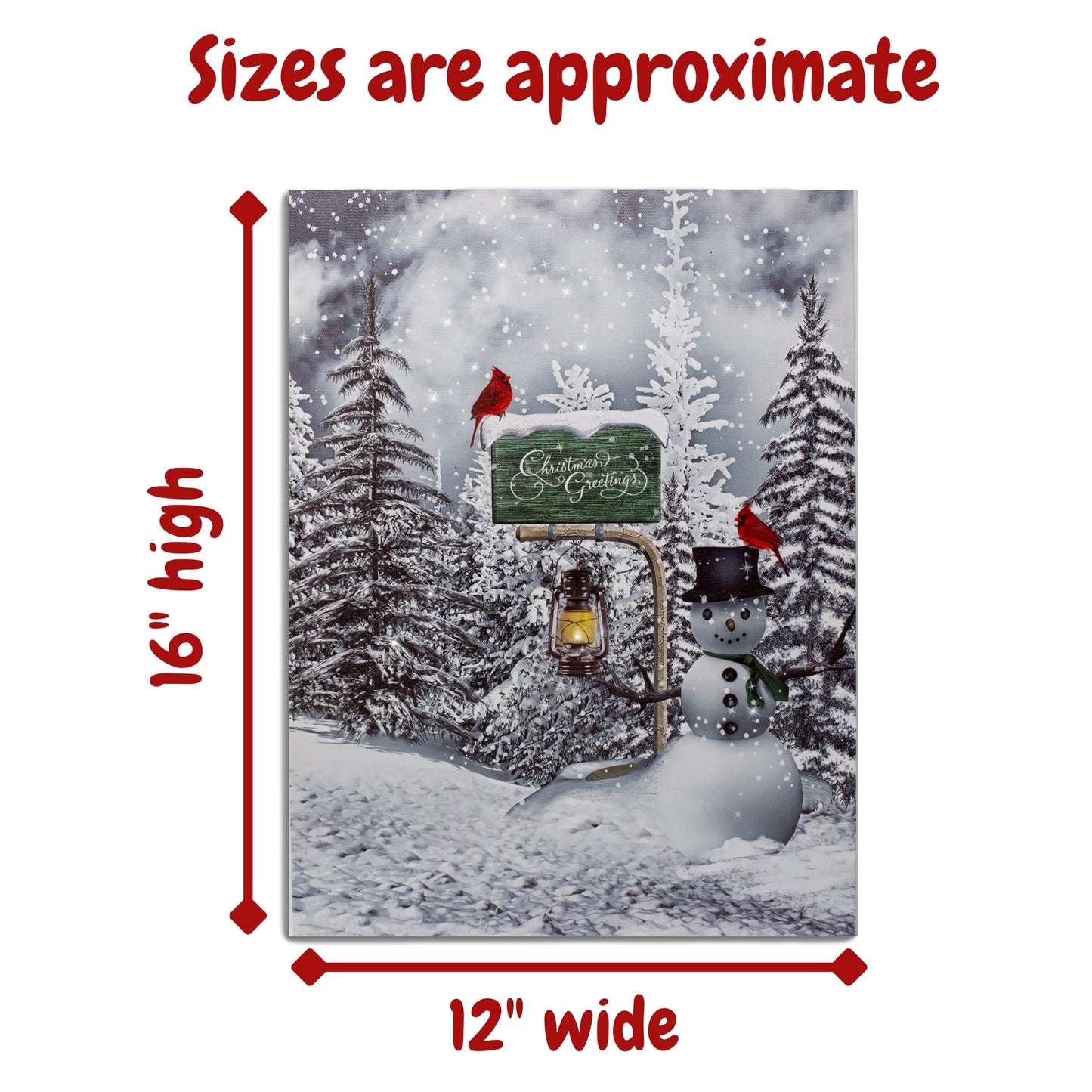 BANBERRY DESIGNS Cardinals and Snowmen Lighted Wall Art Canvas Prints - Christmas Greetings with LED Lantern - Winter Snow Scene with Pine Trees - Measures 16" H x 12" W