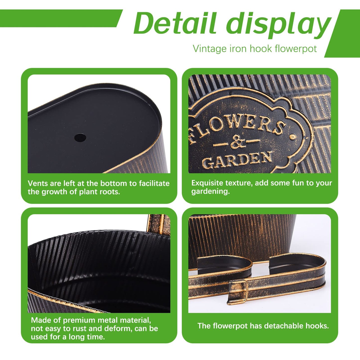 PerGar 3 Pack Metal Railing Planter Box Outdoor, 10.6" Hanging Flower Pots with Detachable Hooks & Drainage Holes, Rail Planter Boxes for Balcony Deck Porch Fence Garden Home Decoration, Black