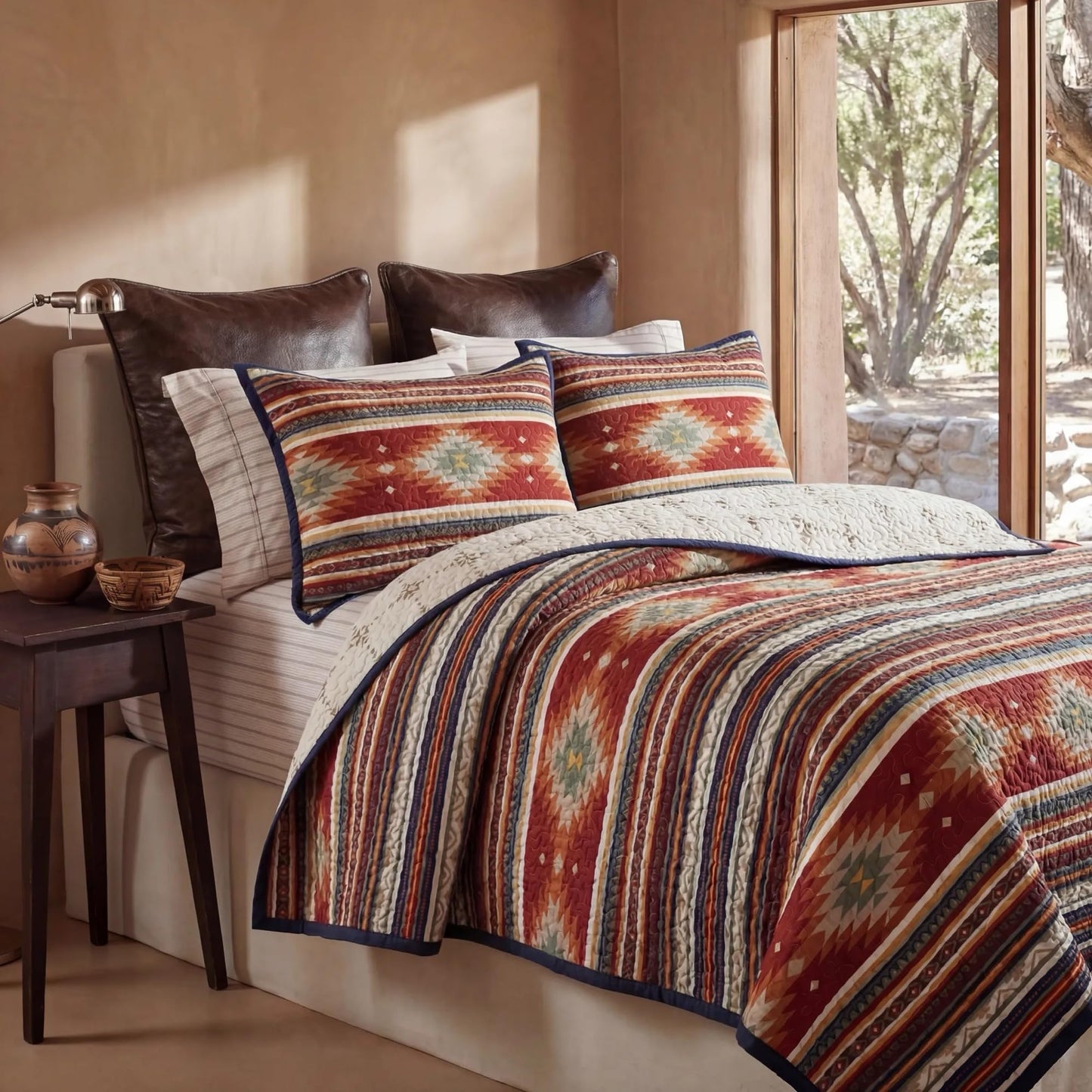 Paseo Road Del Sol Queen Quilt Set, 3 Piece Rustic Western Bedding Set with Pillow Sham, Lightweight Reversible Cotton Quilt with Southwestern Aztec Pattern, Soft Breathable Cozy Boho Bedding
