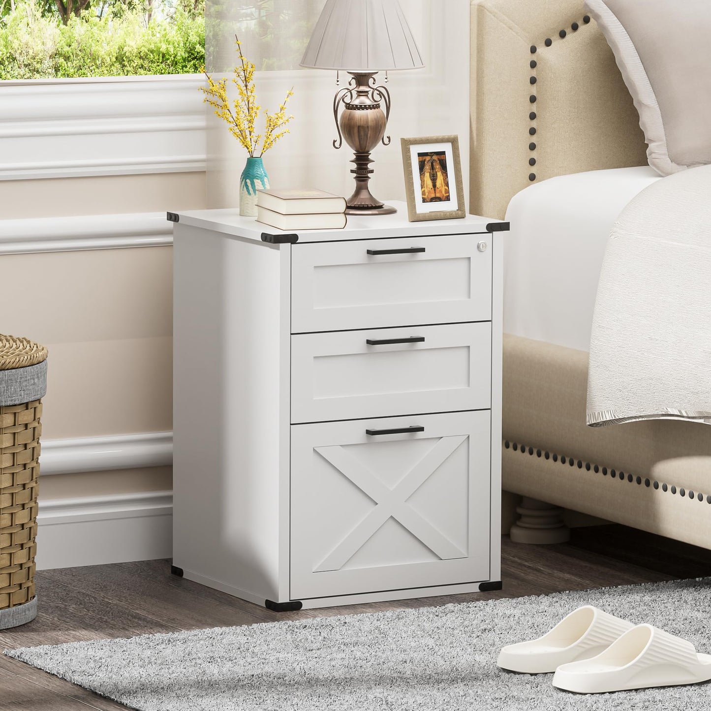 Onelike Small Wood File Cabinet with Lock, Nightstand with Charging Station, 3 Drawer Under Desk Lateral Filing Cabinets for Home Office, Printer Stand with Storage, White