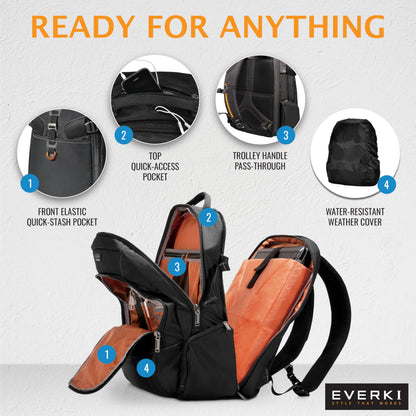 EVERKI Business Laptop Backpack for Men & Women + Compressible Packing Cube Set (S & M), 40L Capacity, Extra Large Laptop Compartment, 180 Degree Fold-Out Design, Work & Gaming Laptop Bag w Rain Cover