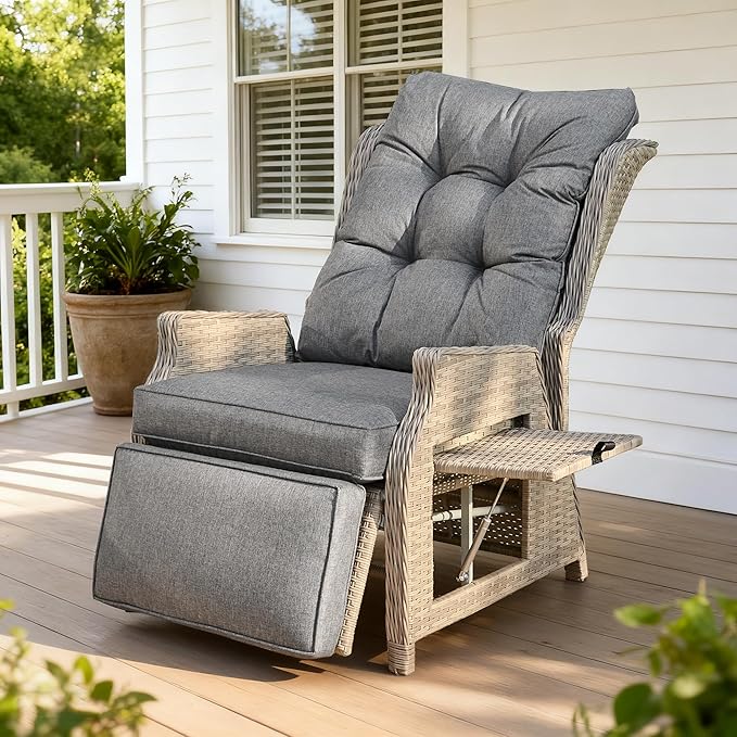 Outdoor Recliner with Adjustable Back and Footrest, Patio 150° Lay Flat Recliner with Flip Table Wicker Reclining Lounge Chair, Grey with Beige Wicker