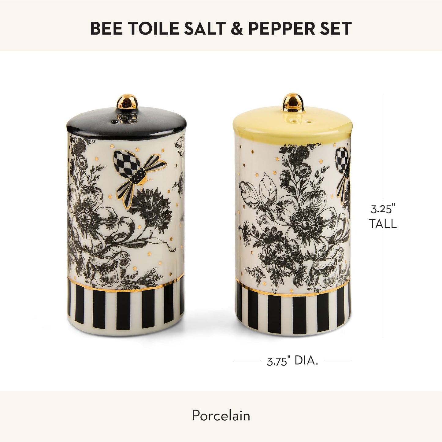 MACKENZIE-CHILDS Porcelain Salt and Pepper Shaker Set, Ceramic Salt and Pepper Holders, Bee Toile