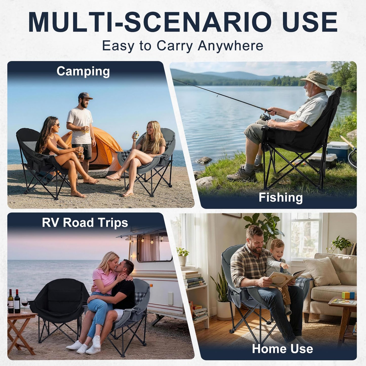 Oversized Camping Chairs for Adult - Heavy Duty Padded Portable Folding Chair XL Collapsible Camp Chair with Cup Holder Side Pocket for Outdoor Lawn Beach Sport Fishing Support 500LBS, Grey