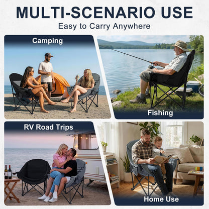 Oversized Camping Chairs for Adult - Heavy Duty Padded Portable Folding Chair XL Collapsible Camp Chair with Cup Holder Side Pocket for Outdoor Lawn Beach Sport Fishing Support 500LBS, Grey