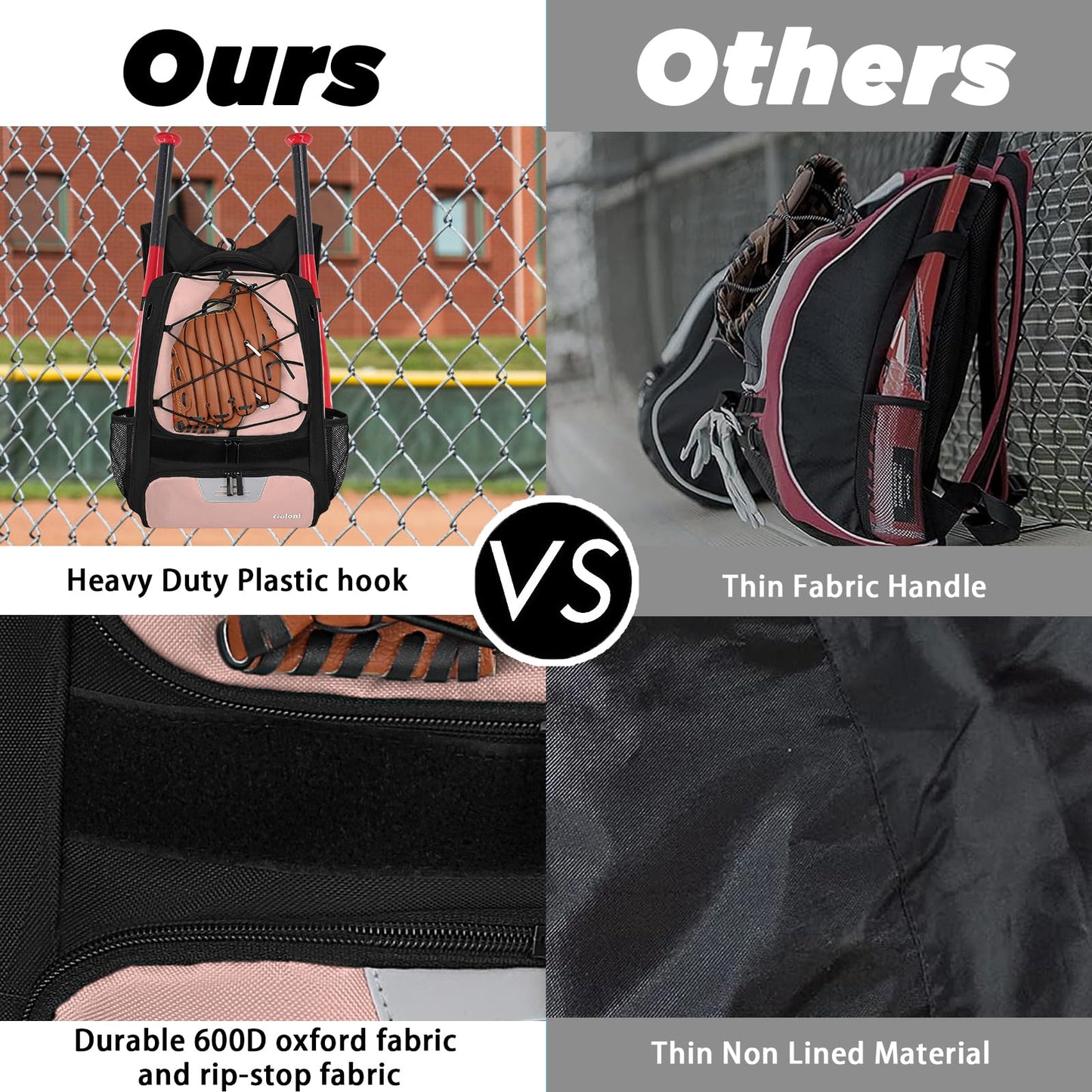 Goloni Baseball Bag,Backpack for Baseball, T-Ball & Softball Equipment & Gear,Softball Bag with Shoe Compartment,Fence Hook